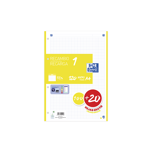 Recambio Oxford 100 h. Scribzee 4 tal. Cuad. 5x5 90 g. Lima