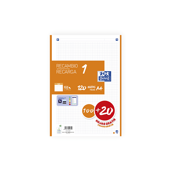 Recambio Oxford 100 h. Scribzee 4 tal. cuad. 5x5 90 g. Naranja