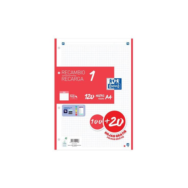 Recambio Oxford 100 h. Scribzee 4 tal. Cuad. 5x5 90 g. Rojo