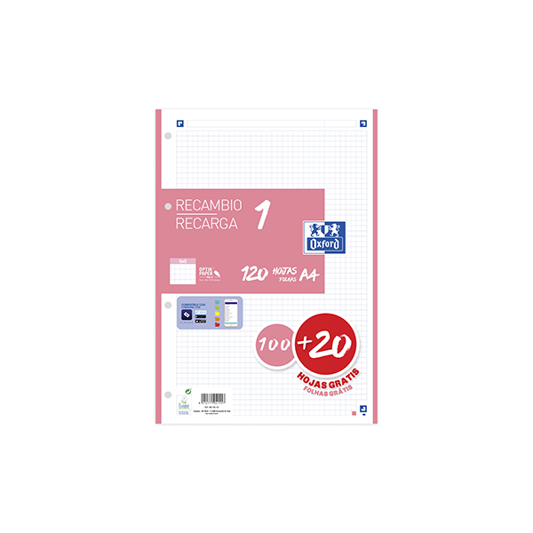Recambio Oxford 100 h. Scribzee 4 tal. Cuad. 5x5 90 g. Rosa