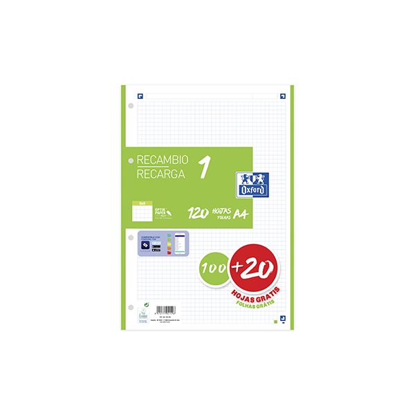 Recambio Oxford 100 h. Scribzee 4 tal. Cuad. 5x5 90 g. Verde c.