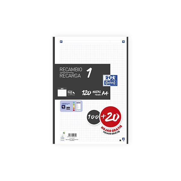 Recambio Oxford 100 h. Scribzee 4 tal. cuad. 5x5 90 g. Negro