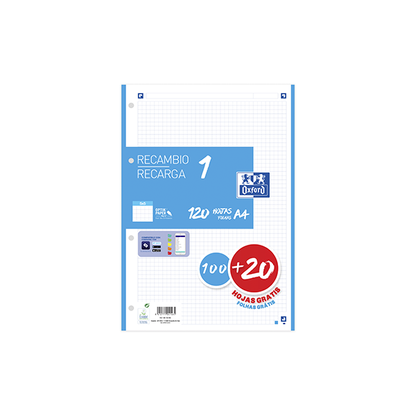 Recambio Oxford 100 h. Scribzee 4 tal. Cuad. 5x5 90 g. Turquesa