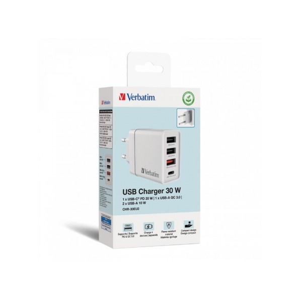Cargador de Pared GaN Verbatim CHR-30EU2/ 1xUSB Tipo-C/ 3xUSB/ 30W